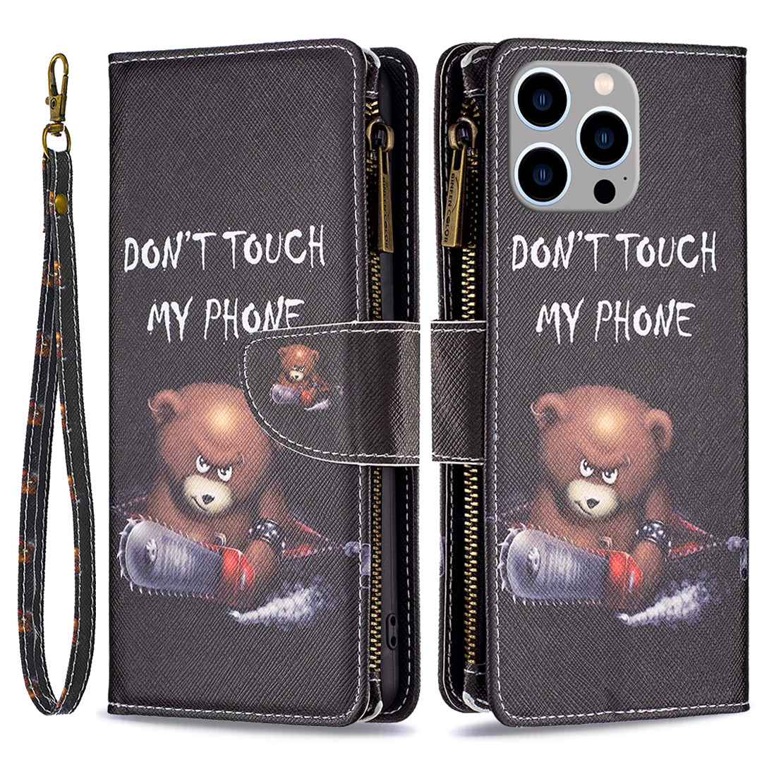 BF03 Zipper Pocket Phone Cover for iPhone 15 Pro Max , Pattern Printing Stand PU Leather Wallet Case - Bear BF03 Zipper Pocket Phone Cover for iPhone 15 Pro Max , Pattern Printing Stand PU Leather Wallet Case - Bear